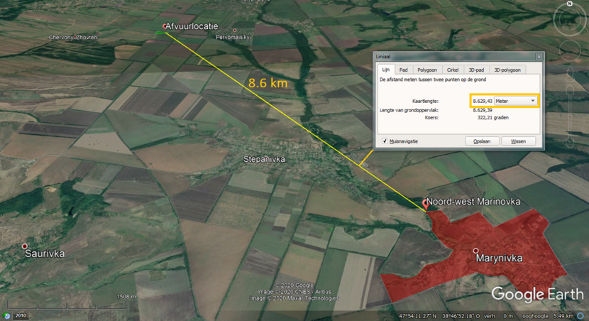 De afstand tussen de afvuurlocatie en de dichtstbijzijnde rand van het dorp Marinovka is volgens verschillende bronnen meer dan 8,5 kilometer.