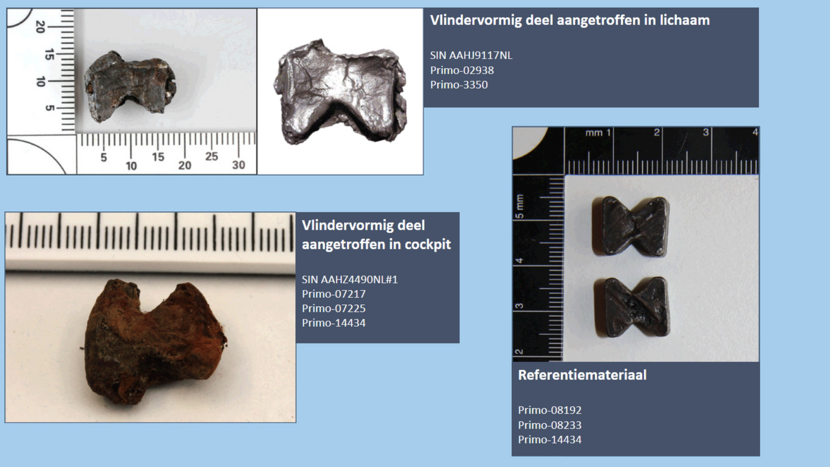 Twee foto's van aangetroffen vlinderfragmenten in respectievelijk de cockpit en een lichaam en een andere foto van een vlinderfragment als referentiemateriaal